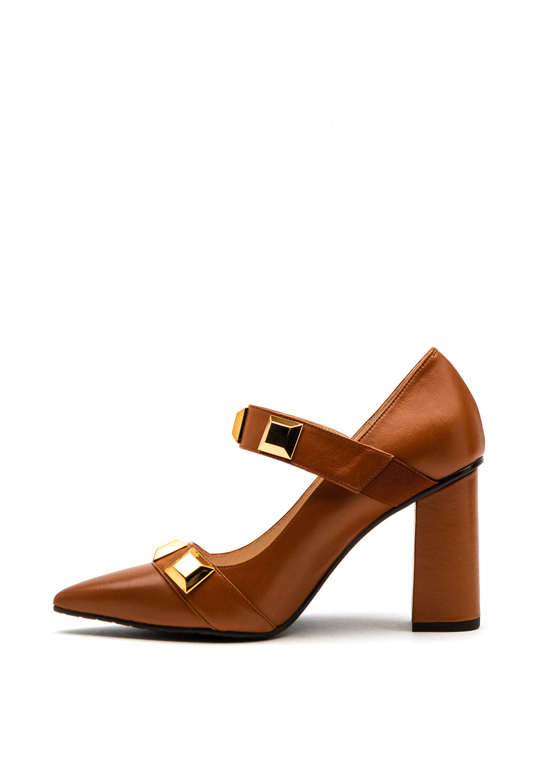 Lodi Maxi Gold Stud Block Heel Shoe, Tan