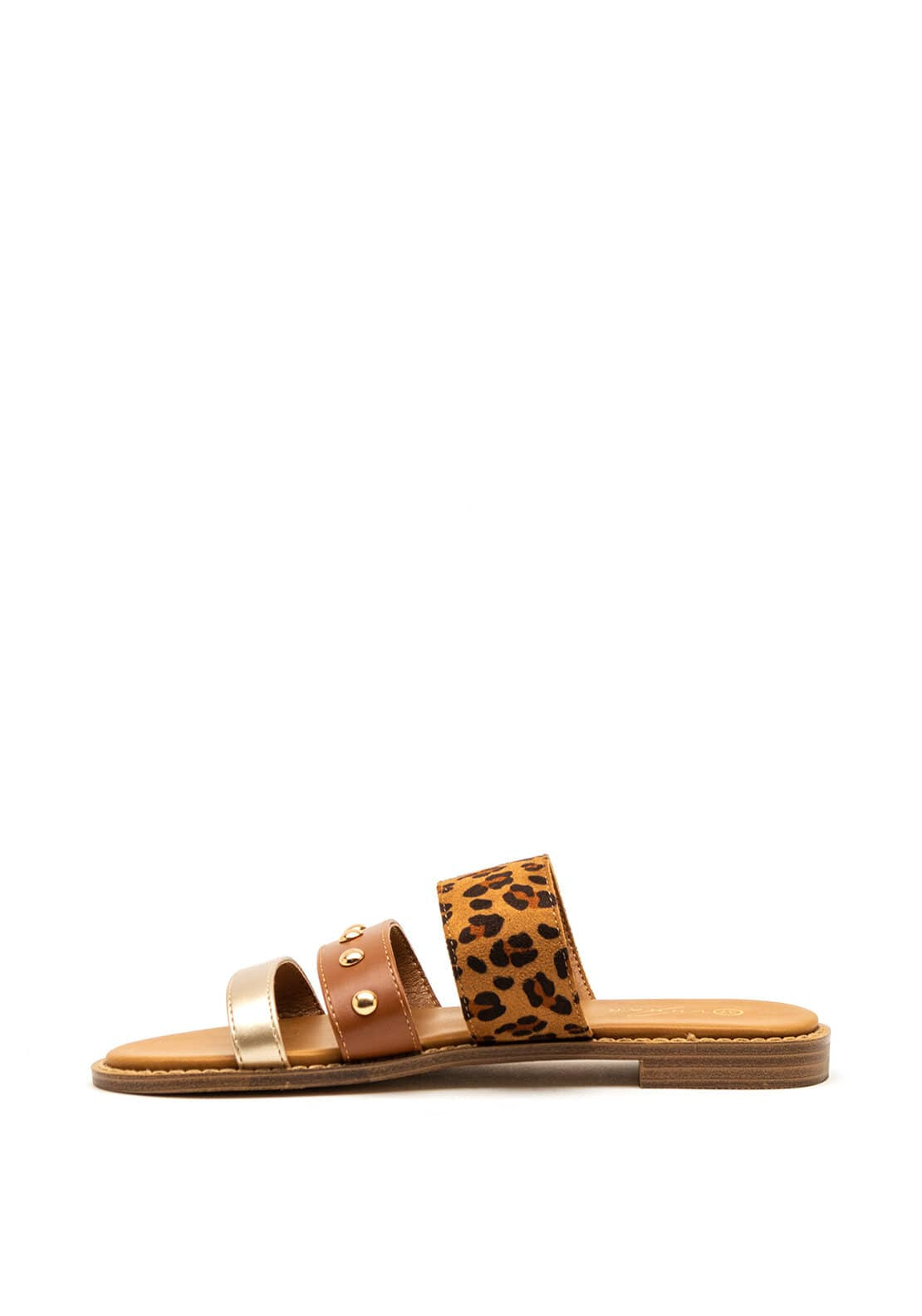 Lunar Animal Print Stud Slip on Sandals, Brown