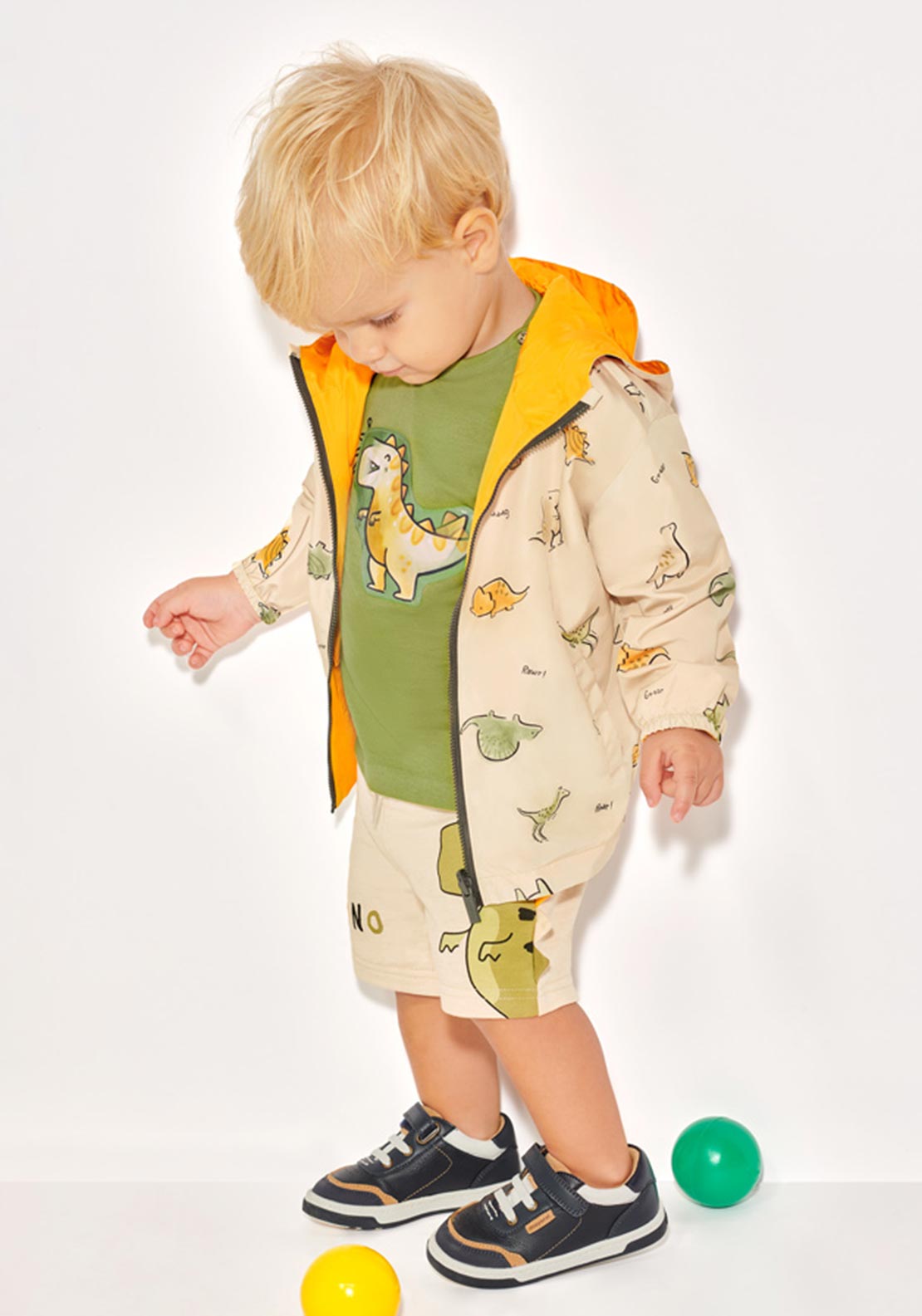 Mayoral Baby Boy Dino Printed Reversible Windbreaker, Beige and Orange