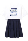 Mayoral Girls Frill Dress and Cropped Top Set, Navy