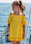Mayoral Girls Embroidered Cold Shoulder Dress, Yellow