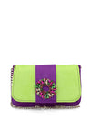Menbur Brooch Faux Suede Clutch Bag, Purple & Lime