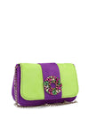 Menbur Brooch Faux Suede Clutch Bag, Purple & Lime