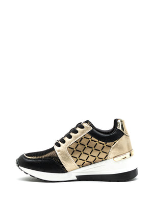 Menbur Metallic Mesh Wedge Trainers, Black & Gold