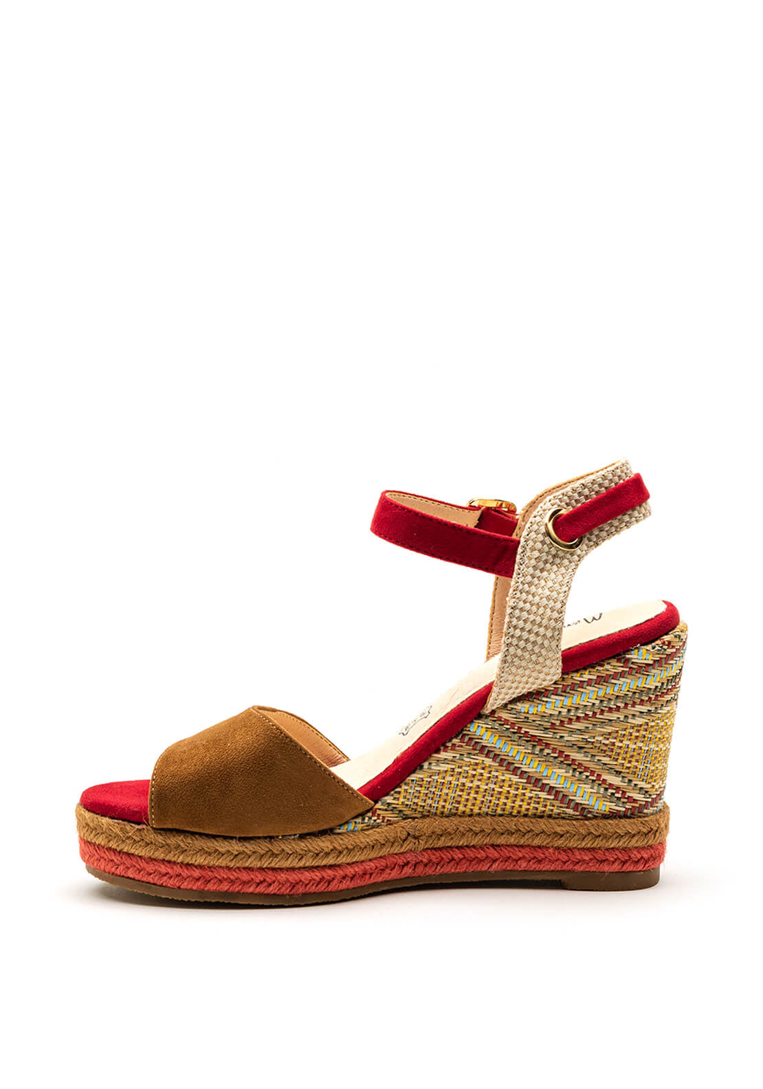 Menbur Suede Straps Woven Wedge Sandal, Red Multi