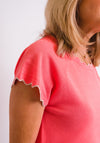 Leon Collection Scallop Trim Short Sleeve Jumper, Coral