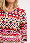 Leon Collection Geometric Print Zip Top, Pink Multi
