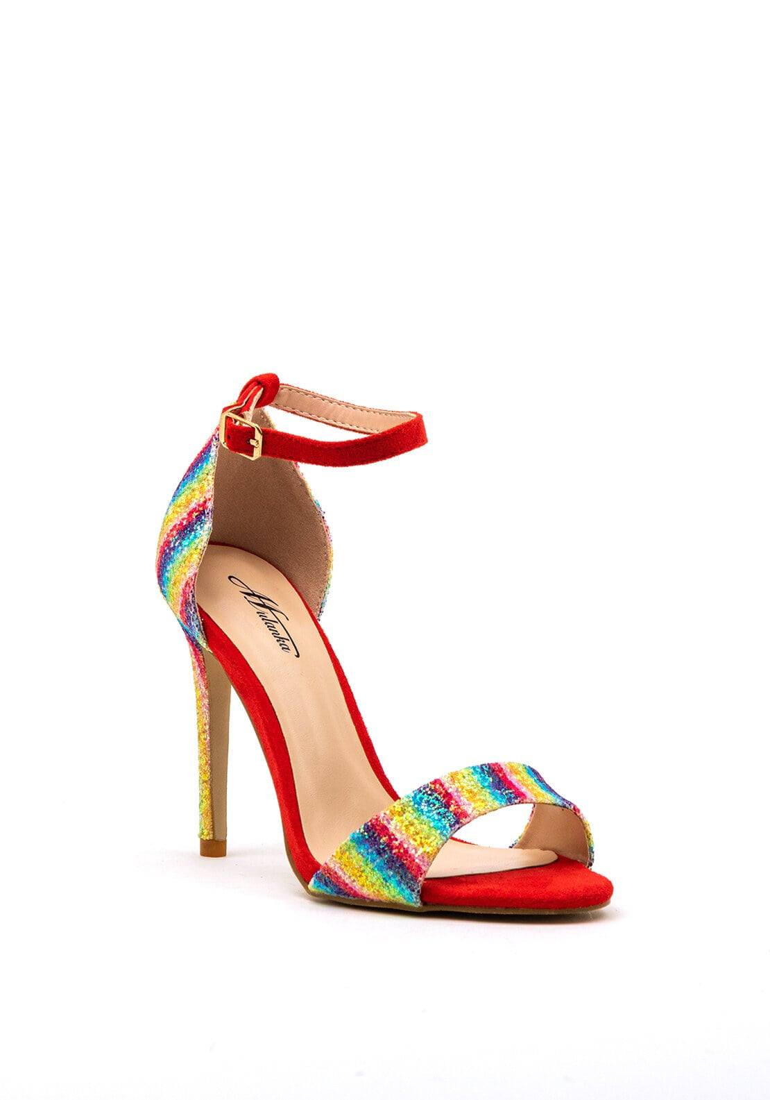 Zen Collection Rainbow Striped Glitter Heeled Sandals, Red