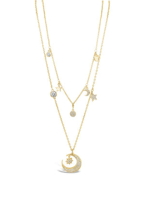 Absolute Double Chain Moon & Star Charm Necklace, Gold