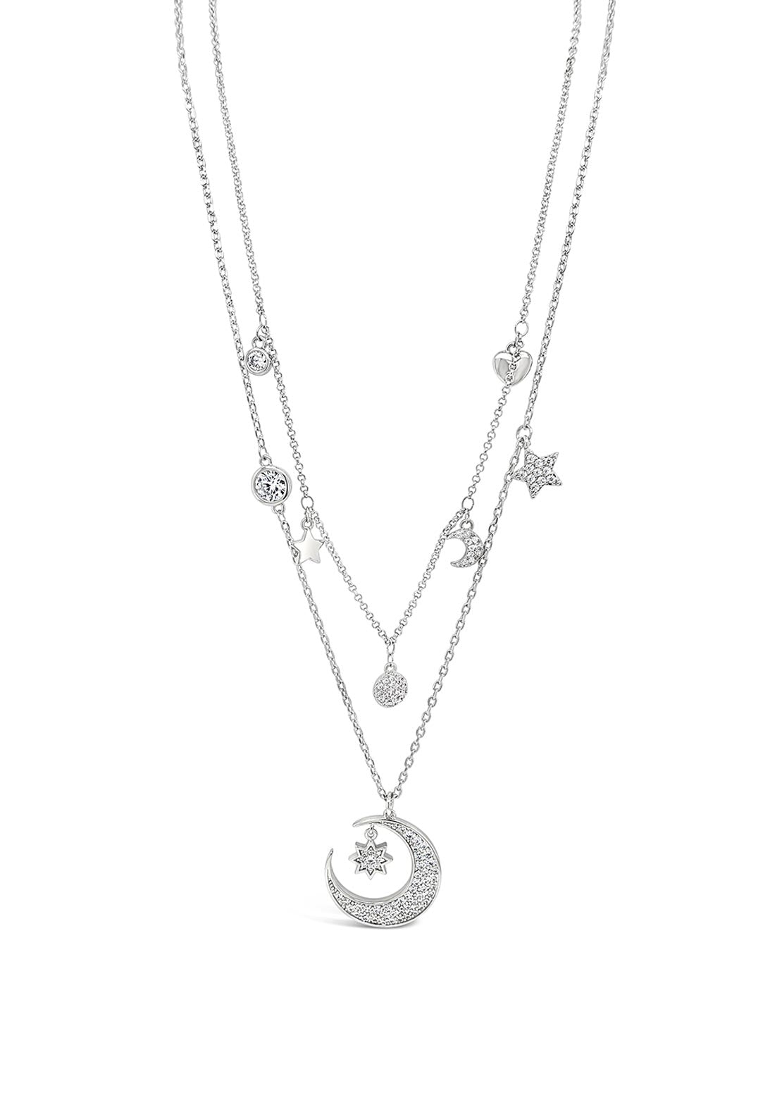 Absolute Double Chain Moon & Star Charm Necklace, Silver