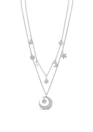 Absolute Double Chain Moon & Star Charm Necklace, Silver