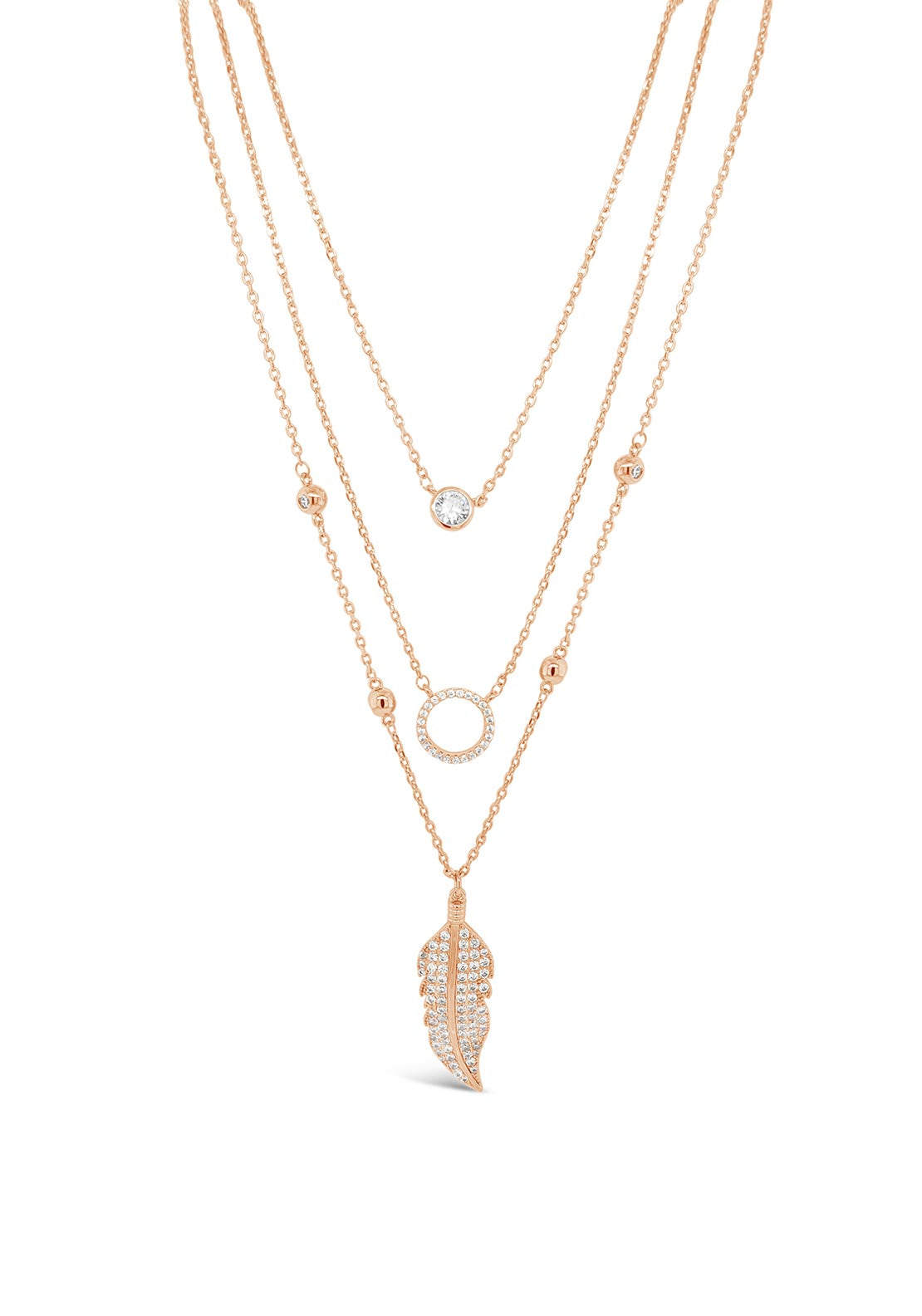 Absolute Multi Chain Diamante Feather Pendent Chain, Rose Gold