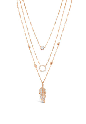 Absolute Multi Chain Diamante Feather Pendent Chain, Rose Gold