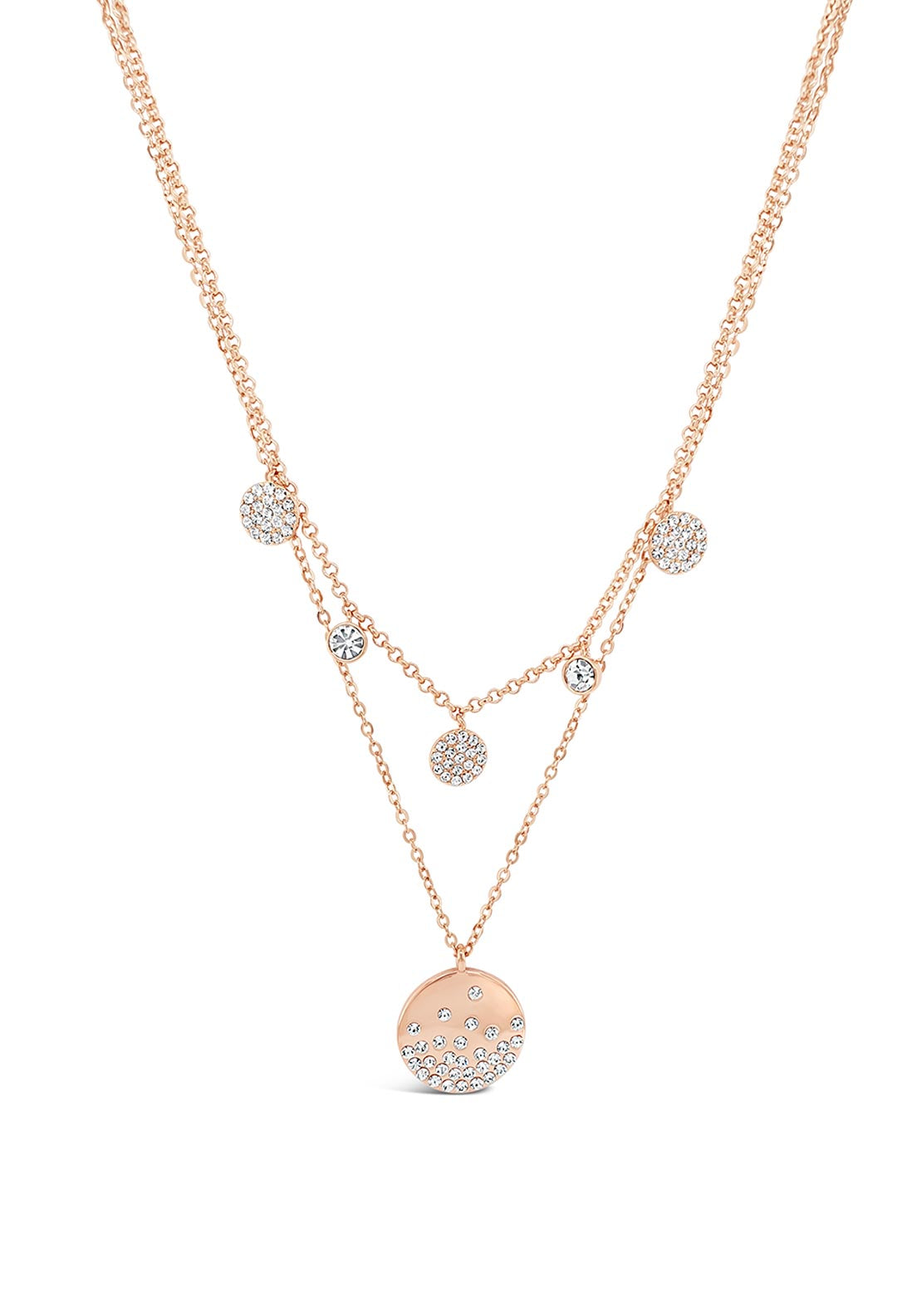 Absolute Double Chain Scattered Diamante Disc Pendent Chain, Rose Gold