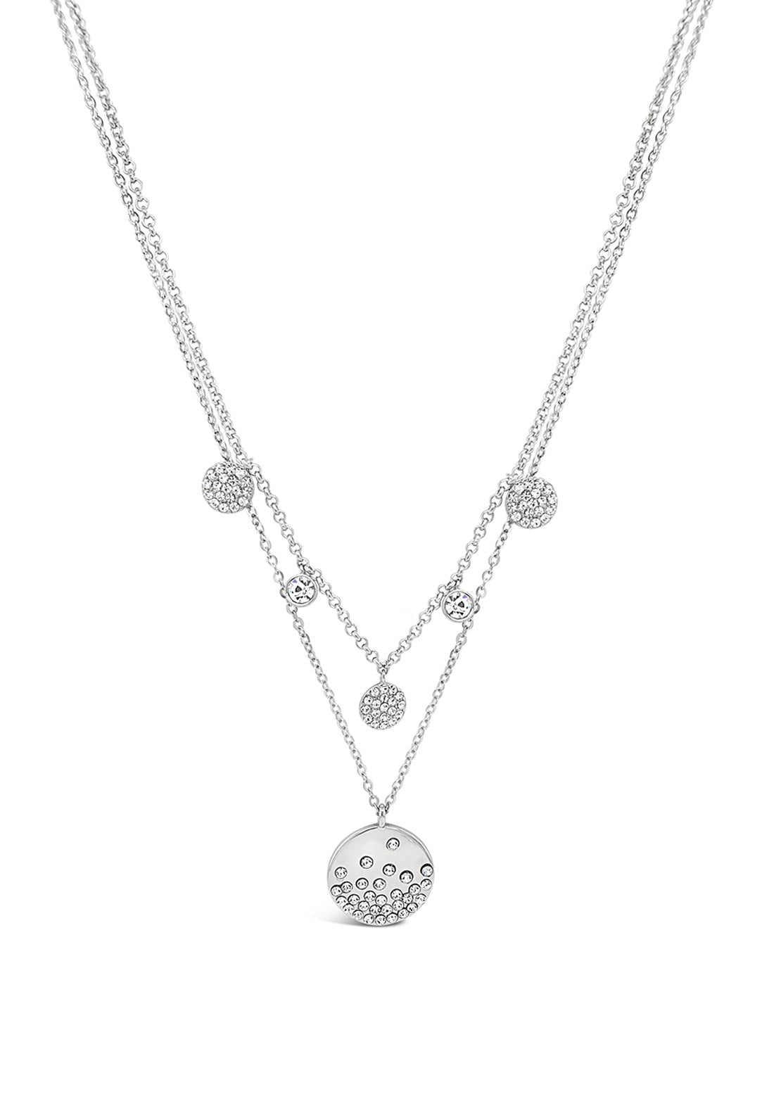 Absolute Double Chain Scattered Diamante Disc Pendent Chain, Silver