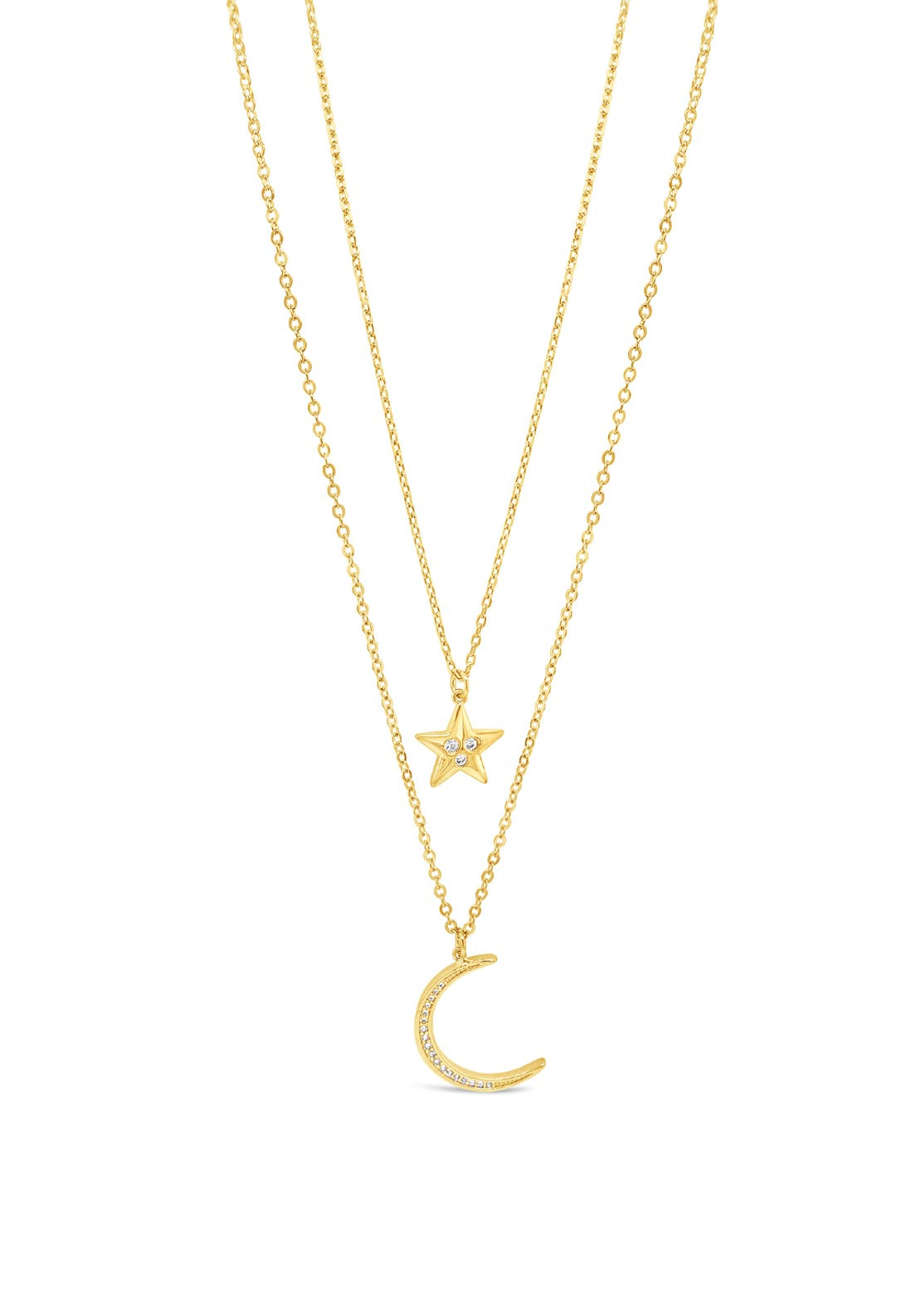 Absolute Double Chain Moon & Star Pendent Necklace, Gold