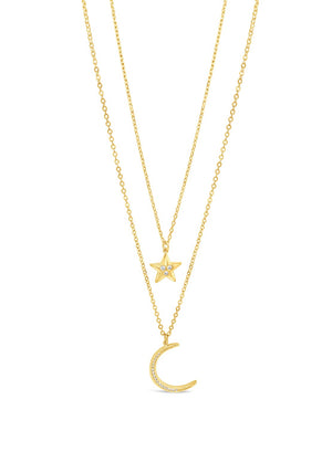 Absolute Double Chain Moon & Star Pendent Necklace, Gold