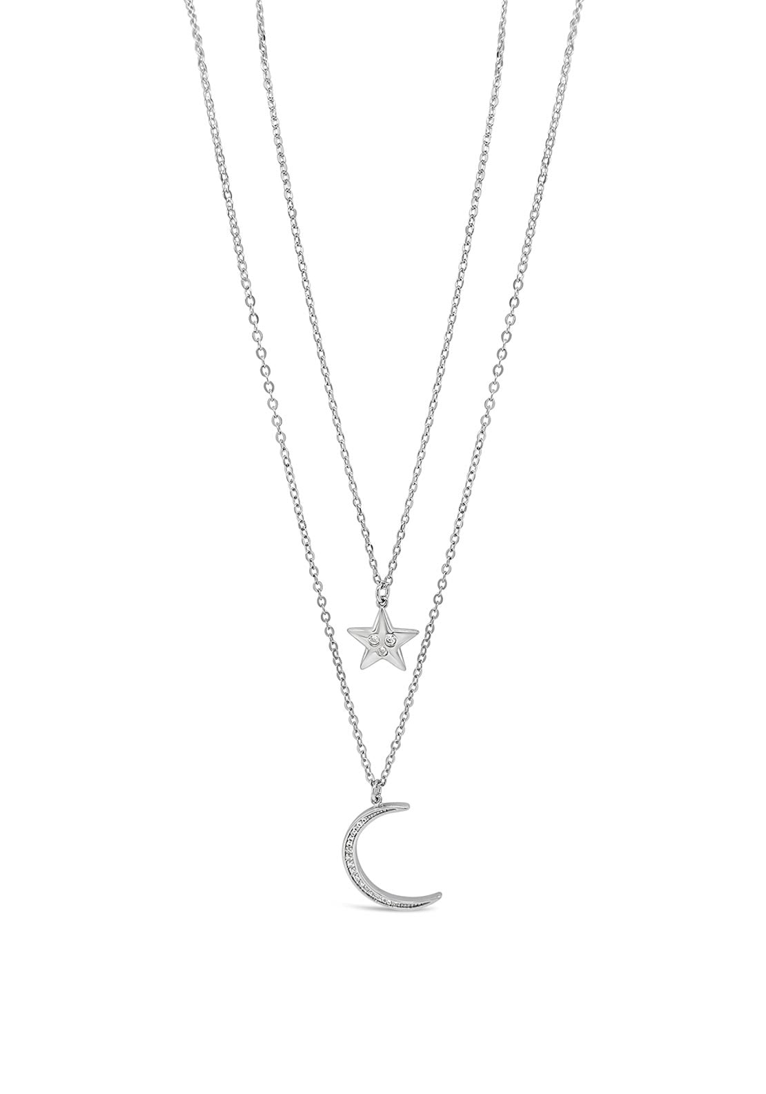 Absolute Double Chain Moon & Star Pendent Necklace, Silver