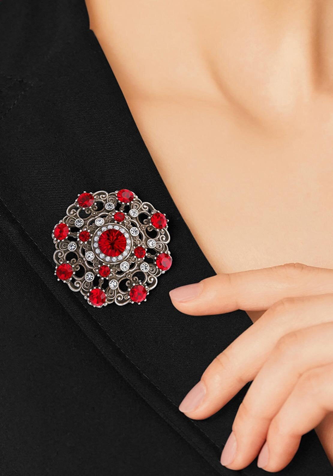 Newbridge Silverware Brooch with Ruby Stones, Antique Silver