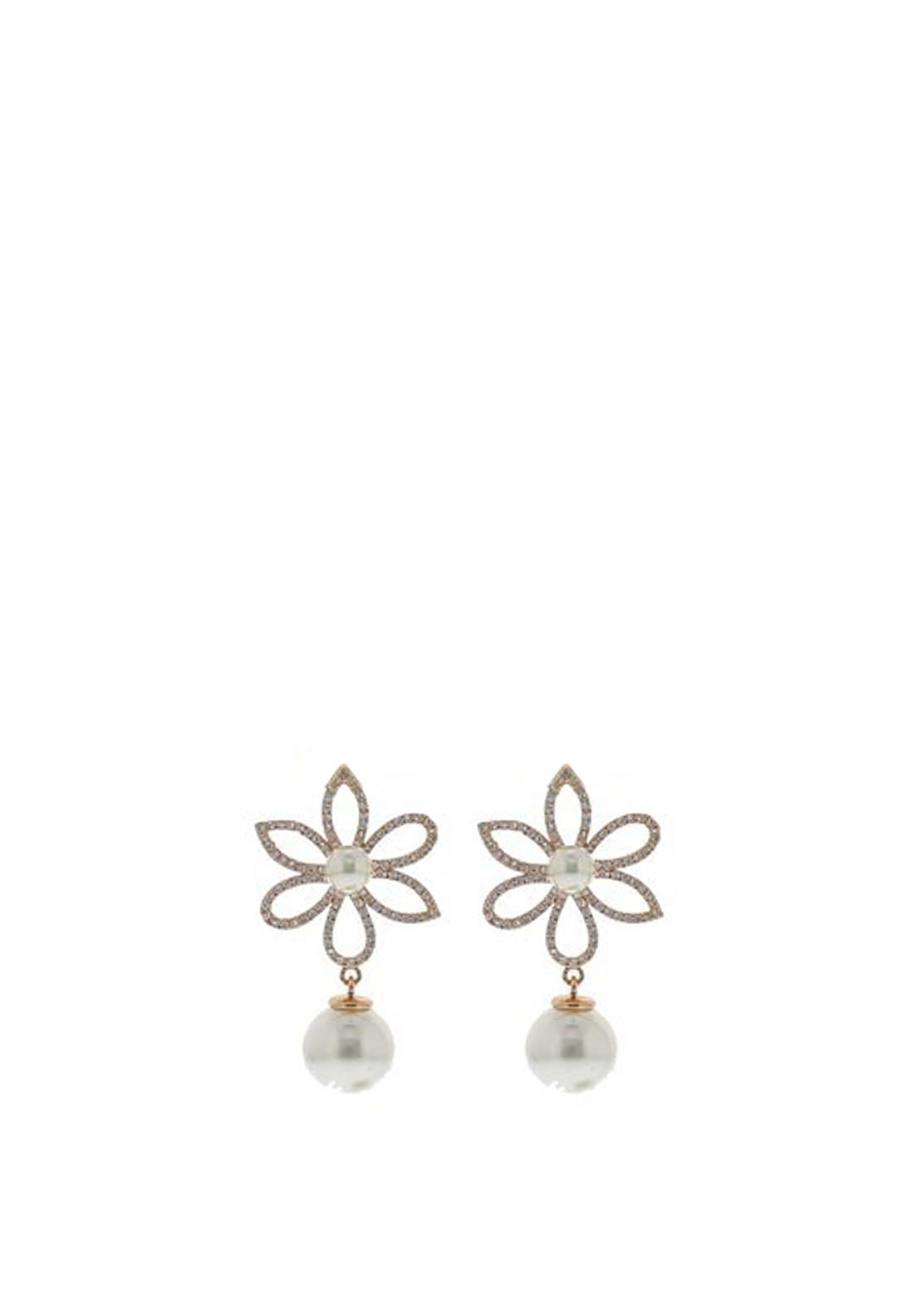 Nour London Daisy Pearl Drop Earrings, Rose Gold