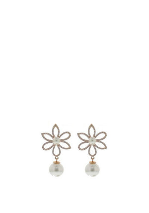 Nour London Daisy Pearl Drop Earrings, Rose Gold