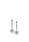 Nour London Long Pearl Drop Earrings, Silver