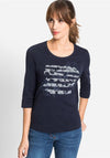 Olsen Printed Cotton Shaped T-Shirt, Navy