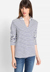 Olsen Striped Open Collar Polo Shirt, White & Navy