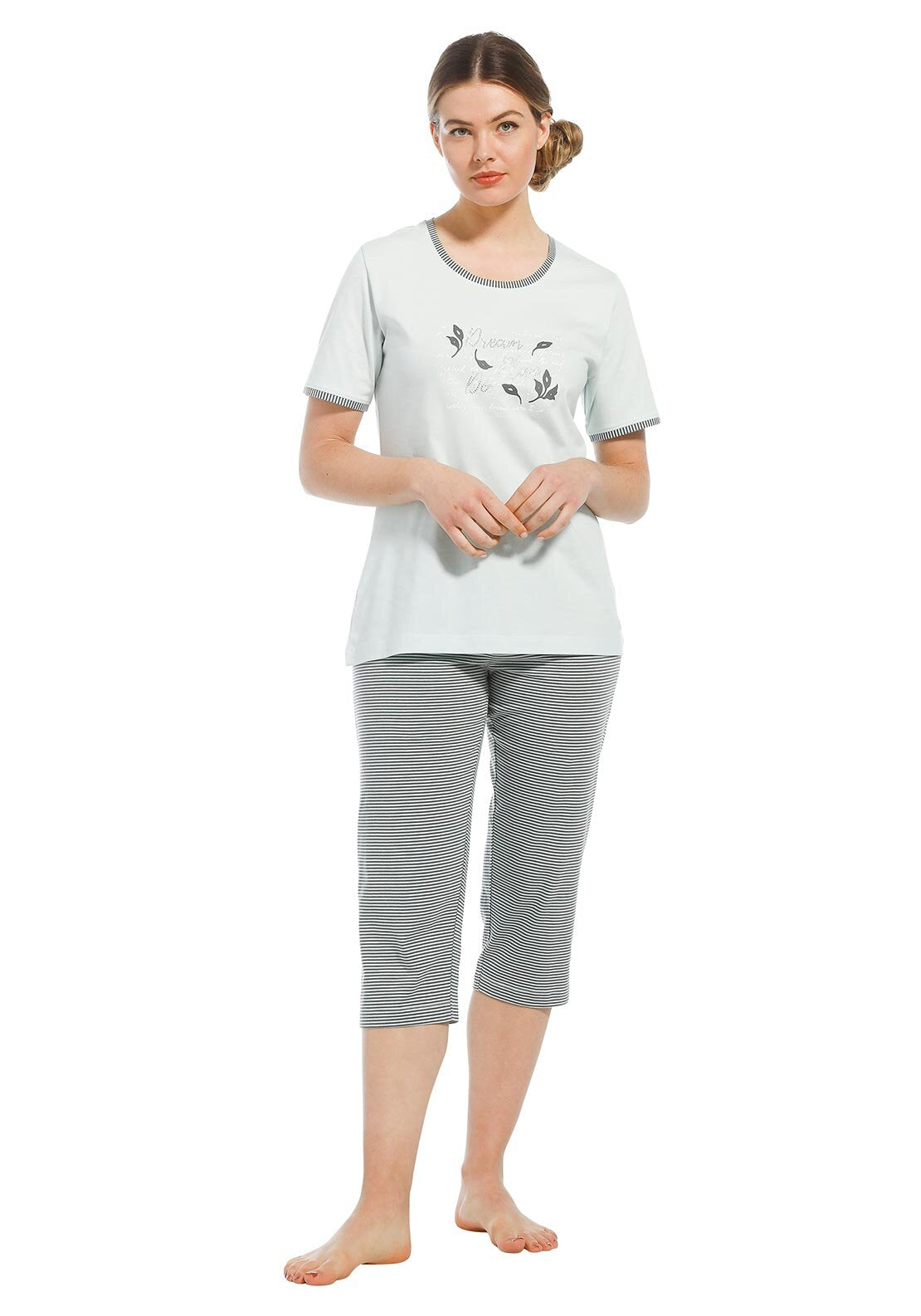 Pastunette Cotton Top and Capri Pyjama Set, Light Green