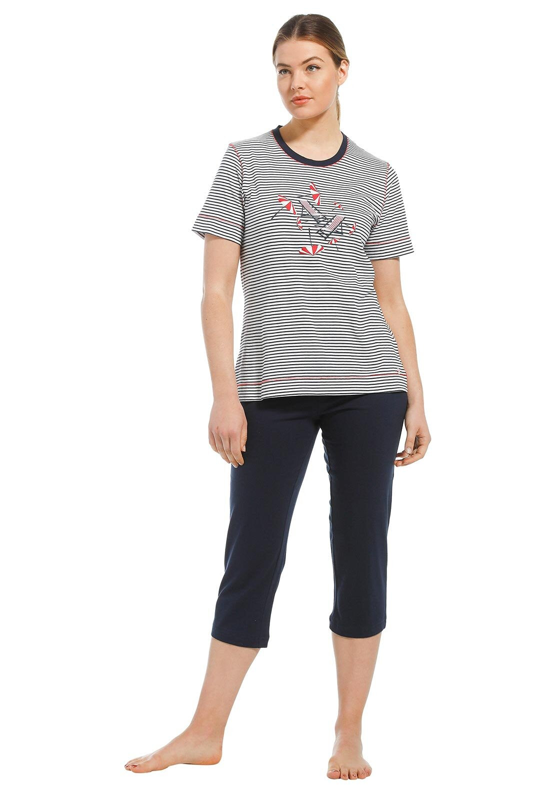 Pastunette Cotton Stripe Capri Pyjama Set, Navy