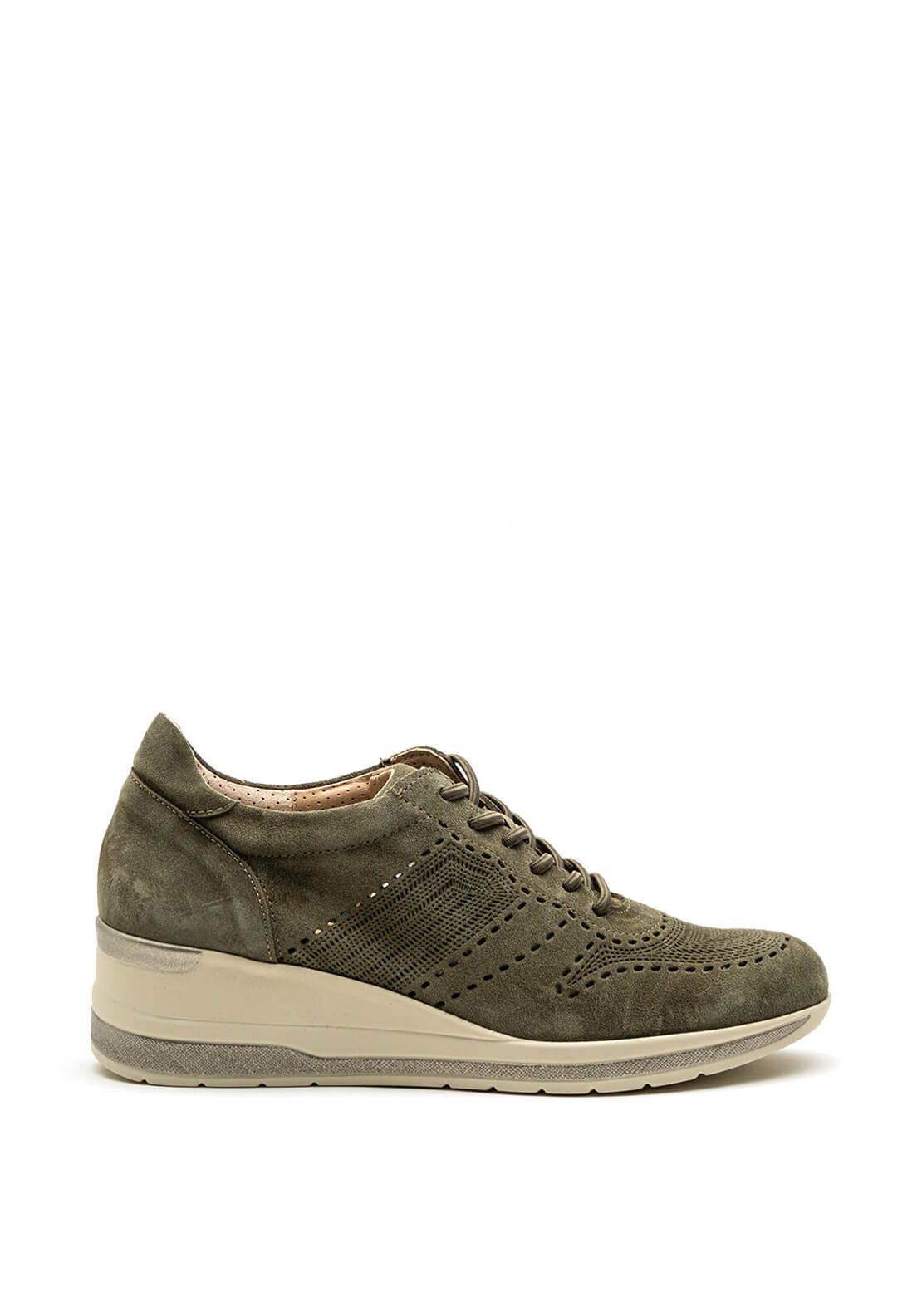 Pitillos Perforated Suede Wedge Trainer, Khaki