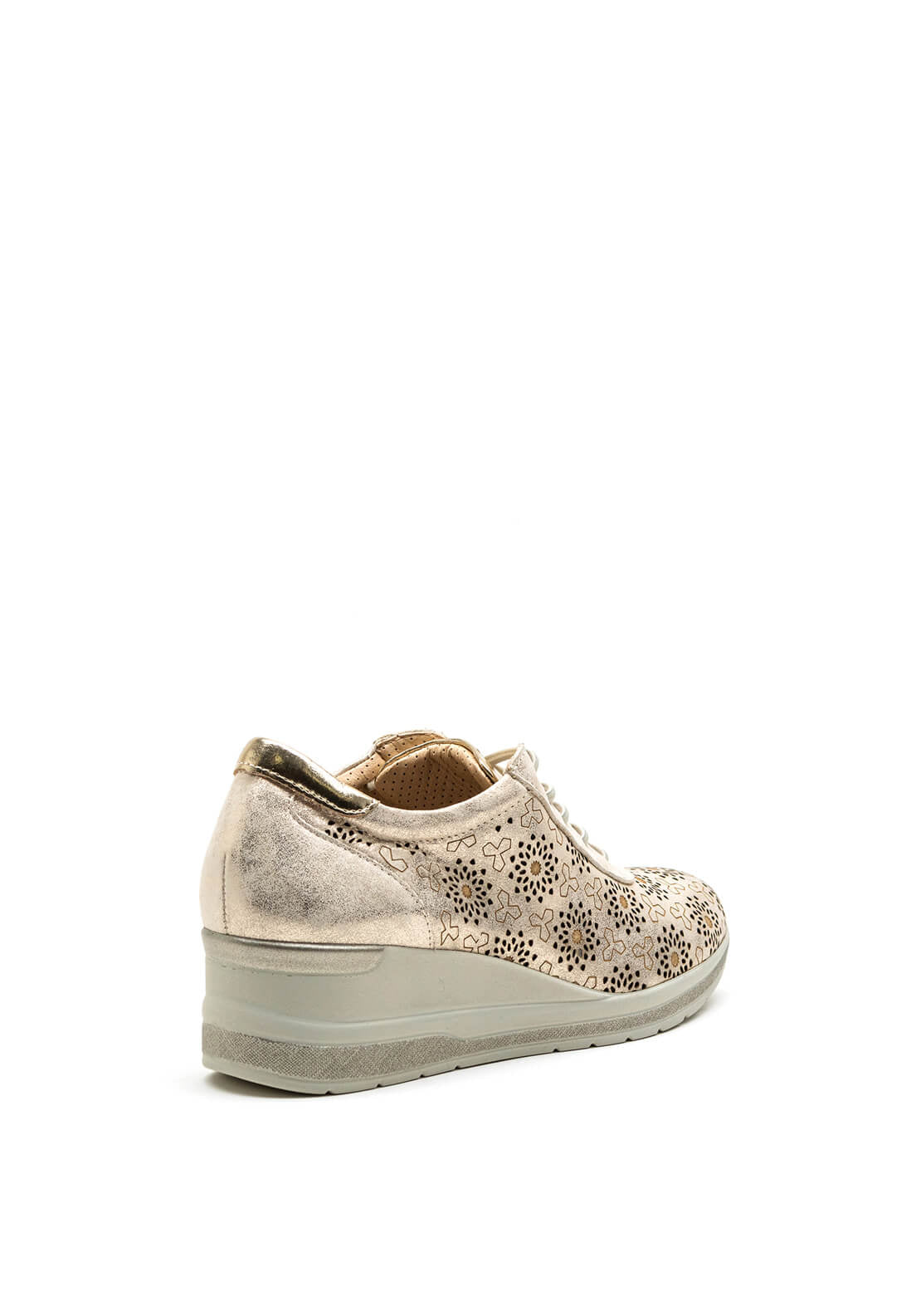Pitillos Floral Pattern Laser Cut Wedge Shoe, Gold