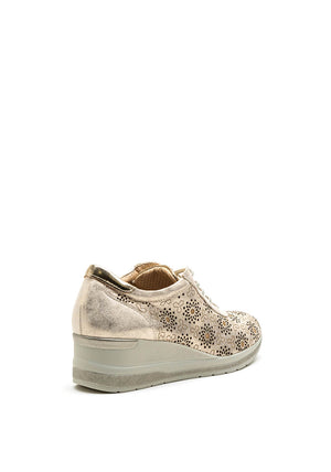 Pitillos Floral Pattern Laser Cut Wedge Shoe, Gold