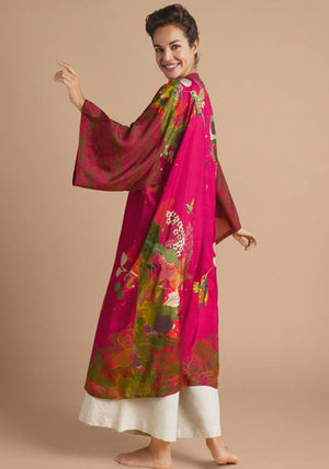 Powder Humming Bird Kimono Gown, Raspberry