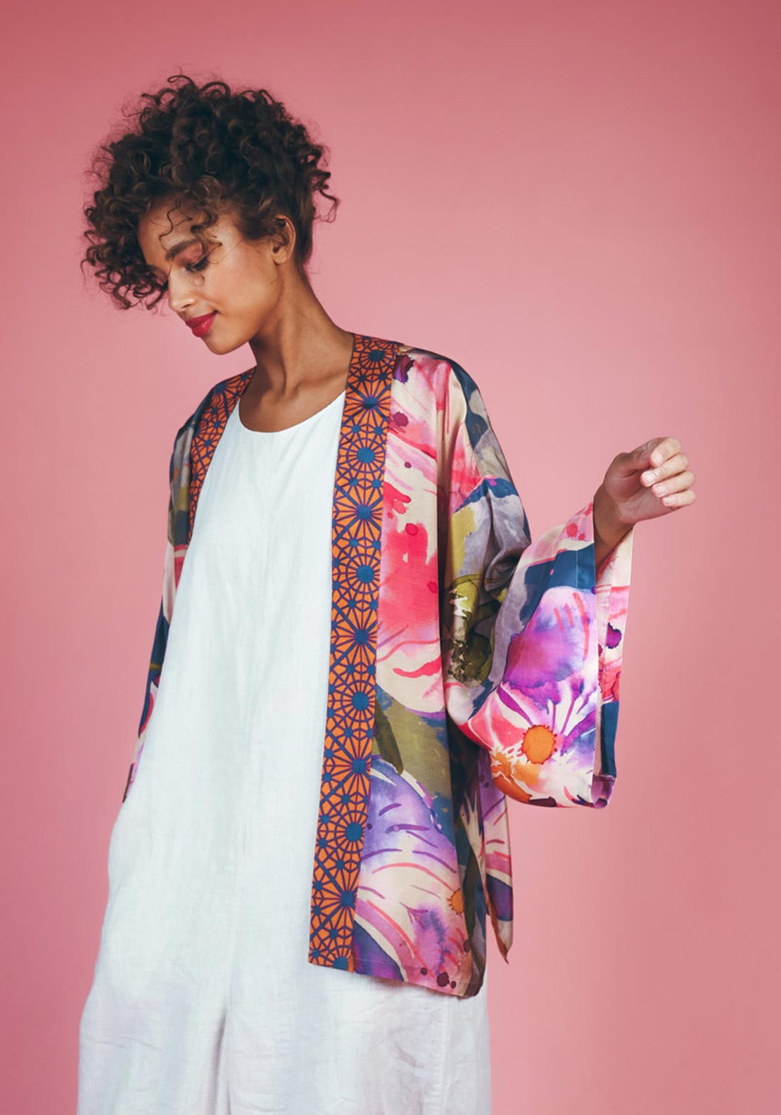 Powder Orchid Print Kimono Jacket, Purple Multi