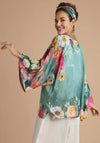 Powder Impressionist Floral Kimono Jacket, Teal