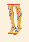 Powder Floral Vines Knee High Socks, Mustard