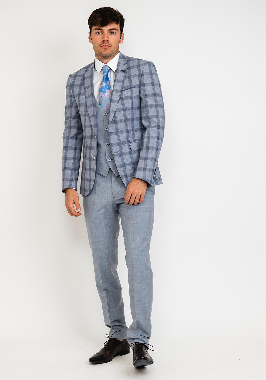 Remus Uomo Lucian Wool Blend Slim Checked Three Piece Suit, Navy