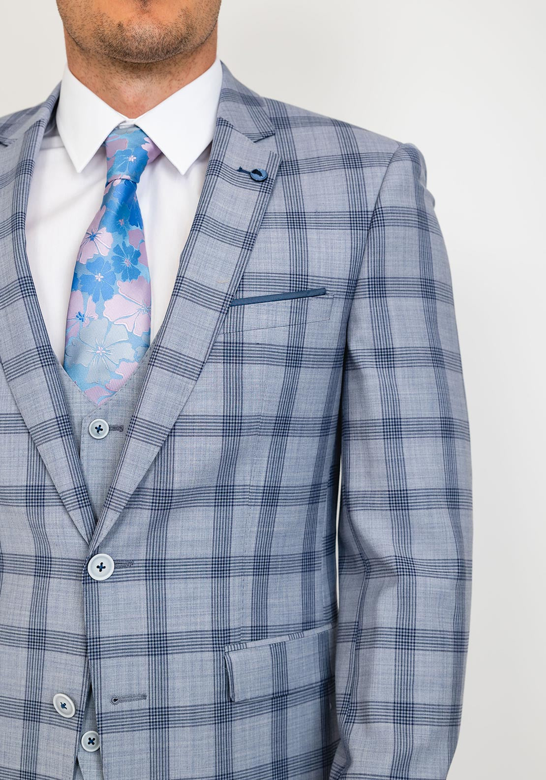 Remus Uomo Lucian Wool Blend Slim Checked Three Piece Suit, Navy