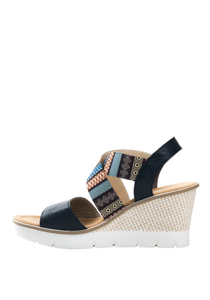 Rieker Aztec Printed Strappy Wedges, Navy