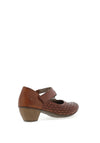 Rieker Womens Laser Cut Velcro Strap Block Heel Shoes, Brown