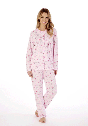 Slenderella Picot Trim Jersey Button Through Pyjamas, Pink