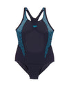 Speedo Girls Boomstar Splice Flyback Swimsuit, Navy and Blue