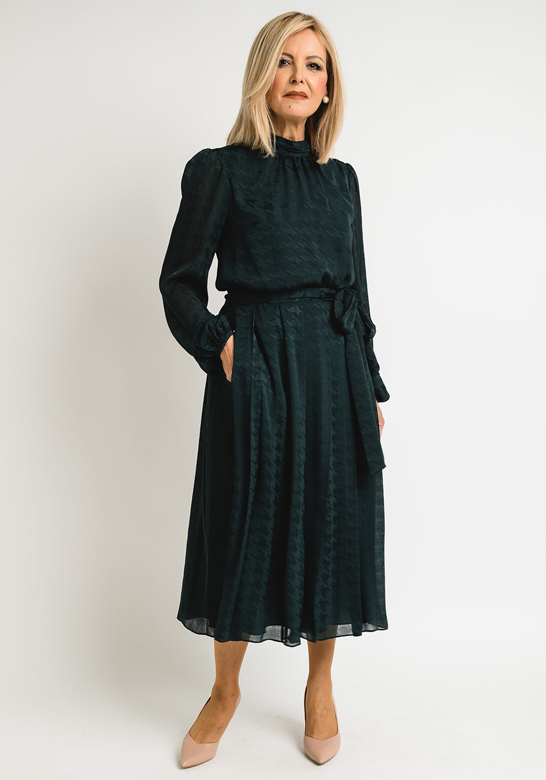 Ted Baker Womens Wilmer Houndstooth Midi Dress, Dark Green