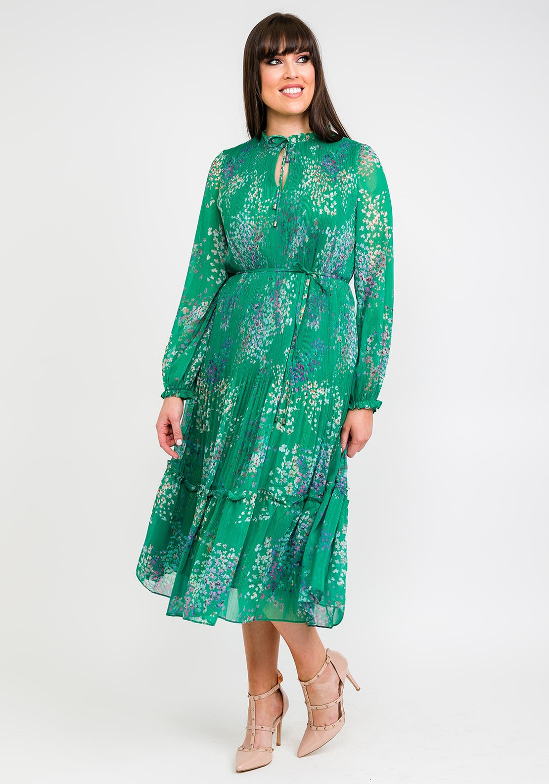 ted baker pleated dress green Dark Green Pleat Detail Sleeveless Column Midi Dress | Dahrcy