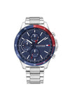 Tommy Hilfiger Mens Bank Blue & Red Dial Stainless Steel Watch, Silver