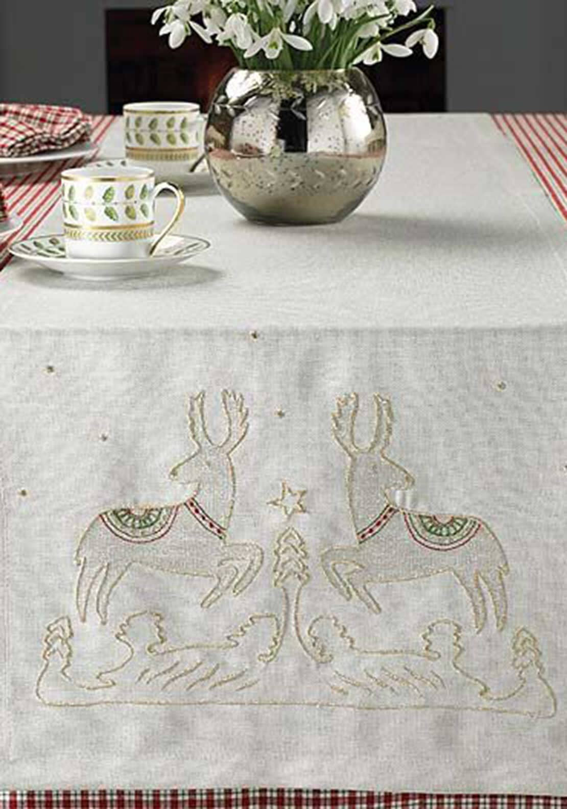 Walton & Co Embroidered Reindeer Table Runner, Beige