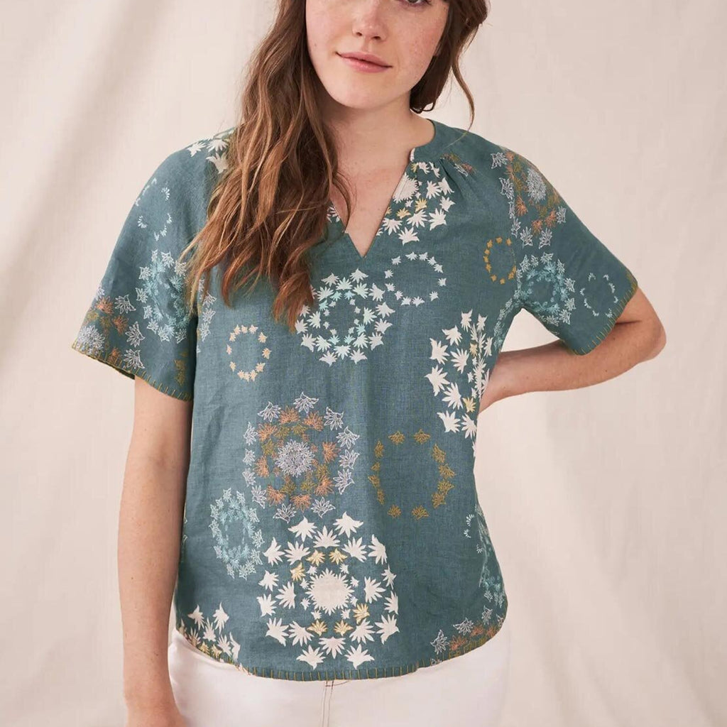 White Stuff Cora Linen Print Top, Teal Multi - McElhinneys