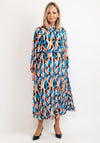 Seventy1 One Size Patterned Blouson Waist Midi Dress, Blue Orange Multi