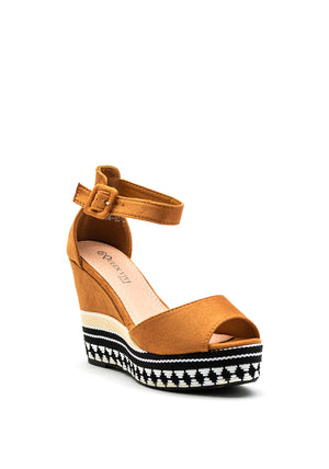 Zen Collection Geometric Woven High Wedge Sandal, Tan
